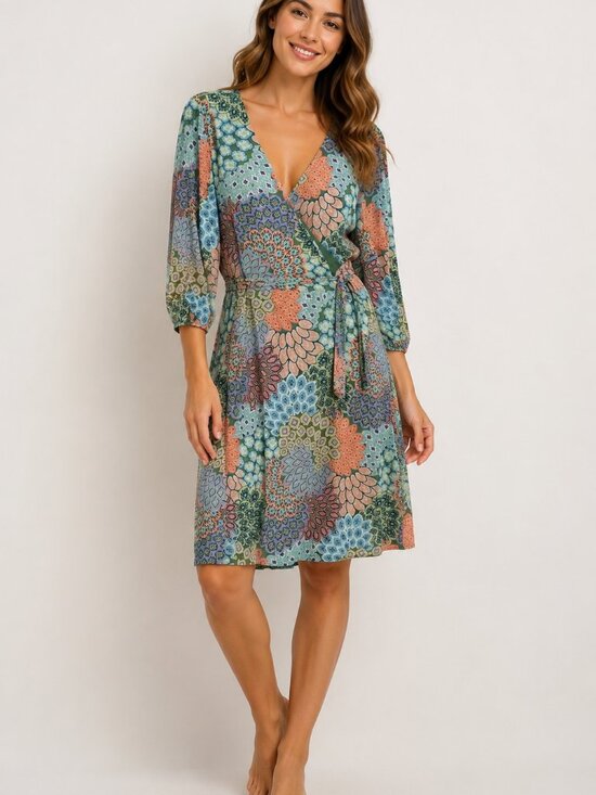 Harlow & Rose Dresses & Skirts - Willow & Rose 2X Boho Faux Wrap Midi Dress Blue Green Pink Geometric Floral Prin